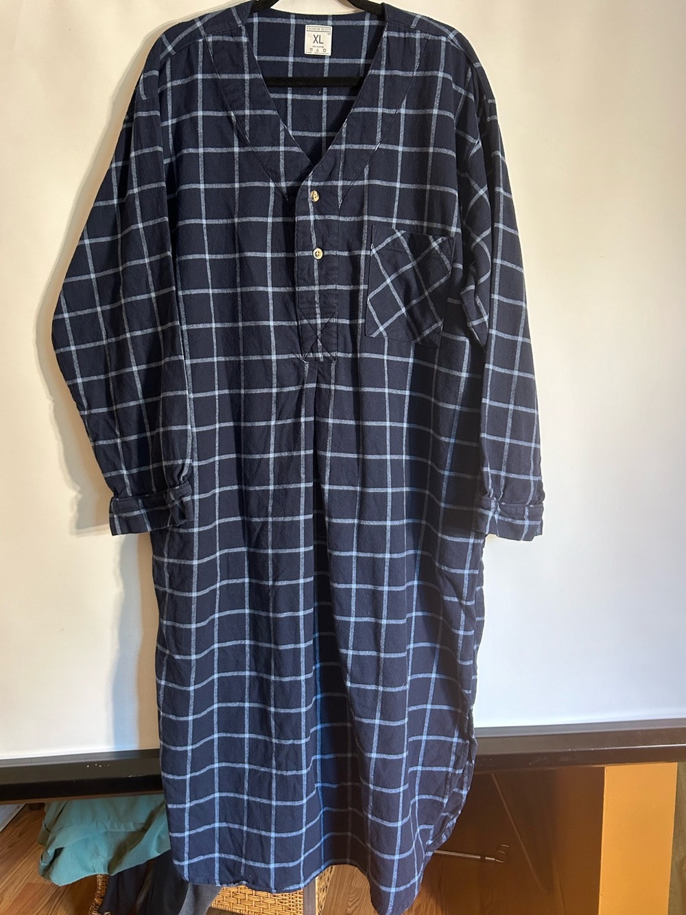 ANDREW SCOTT NAVY 100% COTTON PLAID FLANNEL HENLY COLLAR NIGHTSHIRT XL